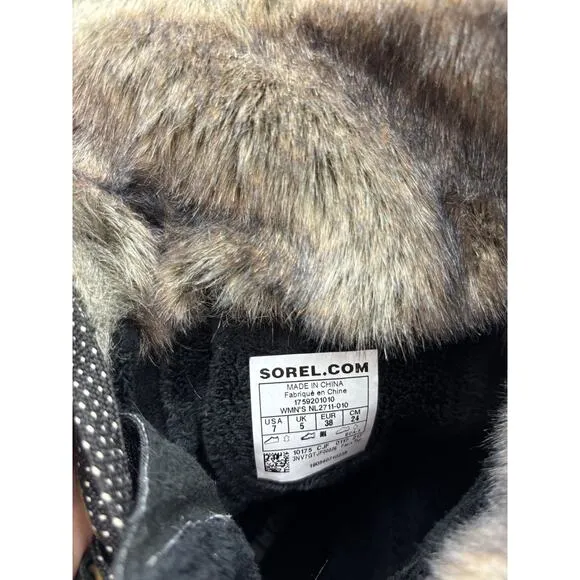 Sorel Boots Womens 7 Emelie Waterproof Lace Up Tall Leather Black Faux Fur Trim
