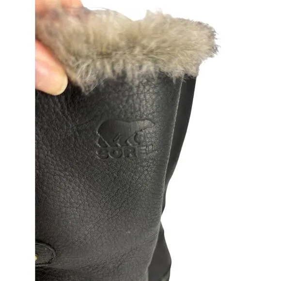Sorel Boots Womens 7 Emelie Waterproof Lace Up Tall Leather Black Faux Fur Trim