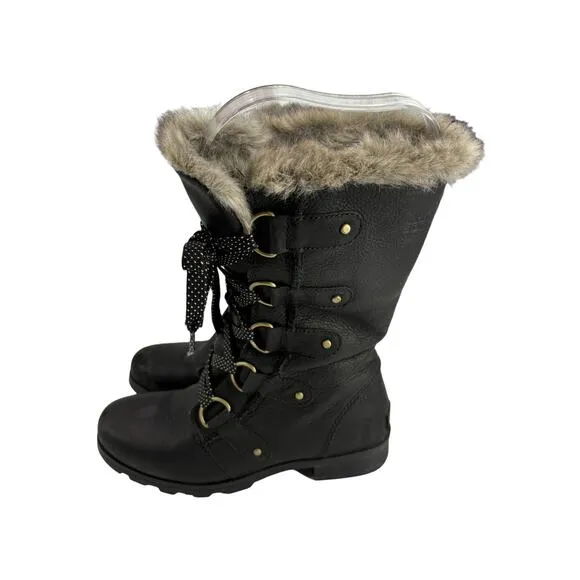 Sorel Boots Womens 7 Emelie Waterproof Lace Up Tall Leather Black Faux Fur Trim