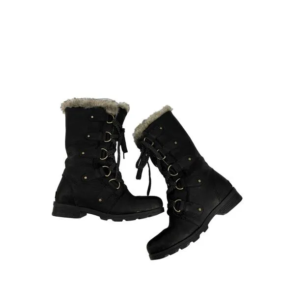 Sorel Boots Womens 7 Emelie Waterproof Lace Up Tall Leather Black Faux Fur Trim