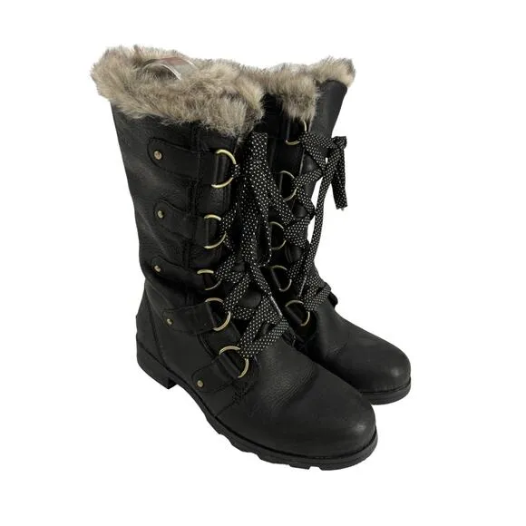 Sorel Boots Womens 7 Emelie Waterproof Lace Up Tall Leather Black Faux Fur Trim
