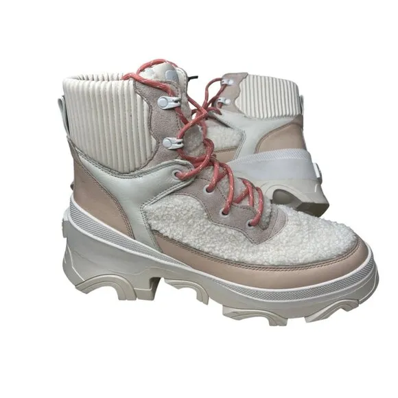 Sorel Brex Cozy Lace-Up Womens Boots Faux Fur Leather Beige Size 11