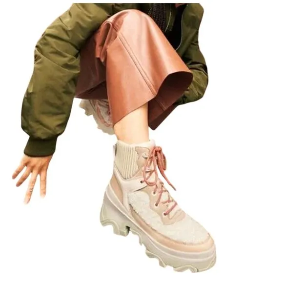 Sorel Brex Cozy Lace-Up Womens Boots Faux Fur Leather Beige Size 11