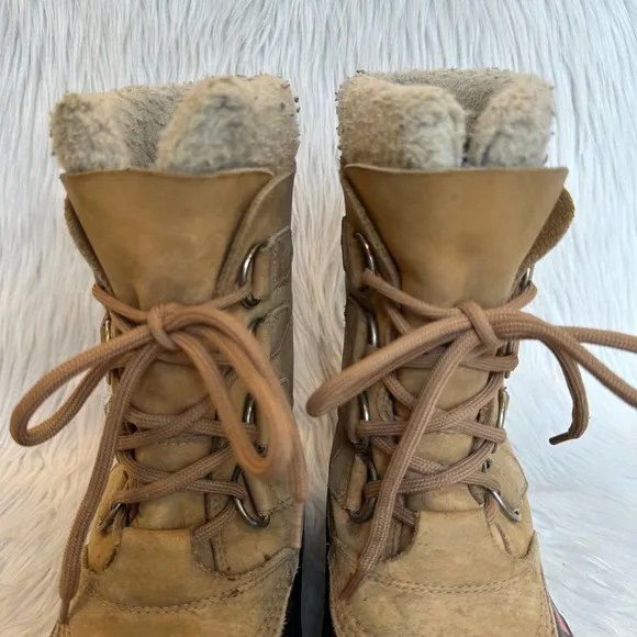 SOREL Caribou Leather Lace-Up Faux Fur Waterproof Winter Snow Boots, Tan NL1004