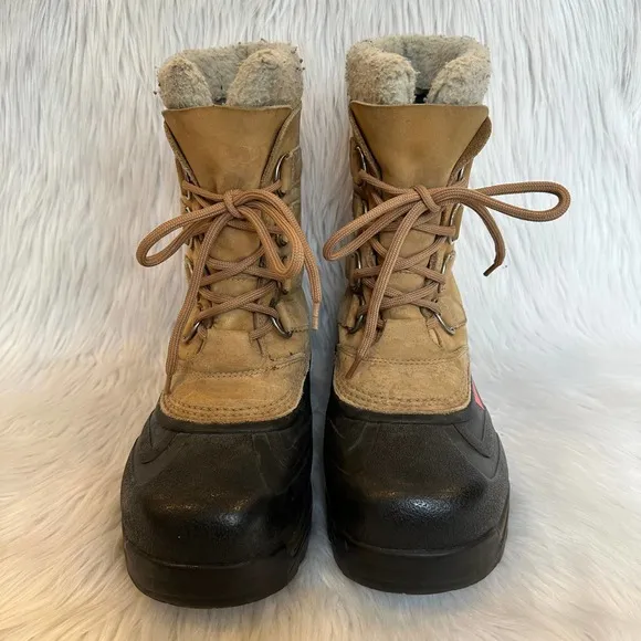 SOREL Caribou Leather Lace-Up Faux Fur Waterproof Winter Snow Boots, Tan NL1004