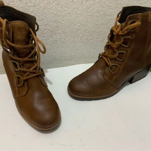 Sorel Cate Lace Up Leather Waterproof Women's Heeled Combat Boots Brown 6.5/37.5