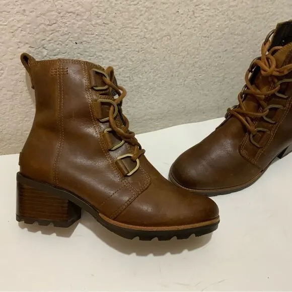 Sorel Cate Lace Up Leather Waterproof Women's Heeled Combat Boots Brown 6.5/37.5