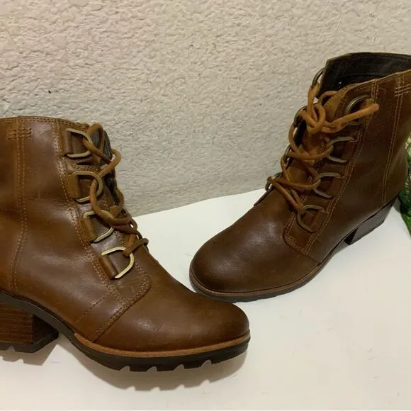 Sorel Cate Lace Up Leather Waterproof Women's Heeled Combat Boots Brown 6.5/37.5
