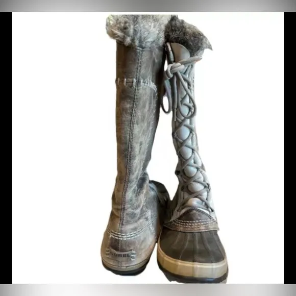 Sorel Cate The Great Grey Boots Sz 8 Faux Fur Calf Height Lace Up NL1642-221