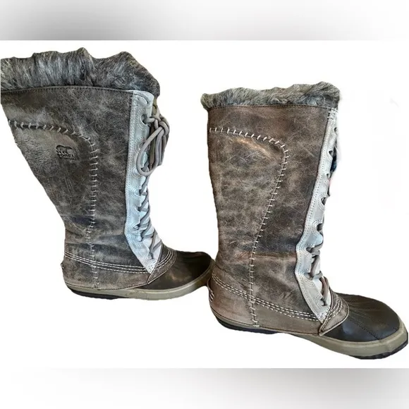 Sorel Cate The Great Grey Boots Sz 8 Faux Fur Calf Height Lace Up NL1642-221