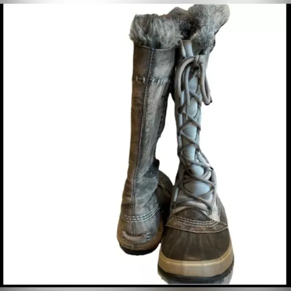 Sorel Cate The Great Grey Boots Sz 8 Faux Fur Calf Height Lace Up NL1642-221