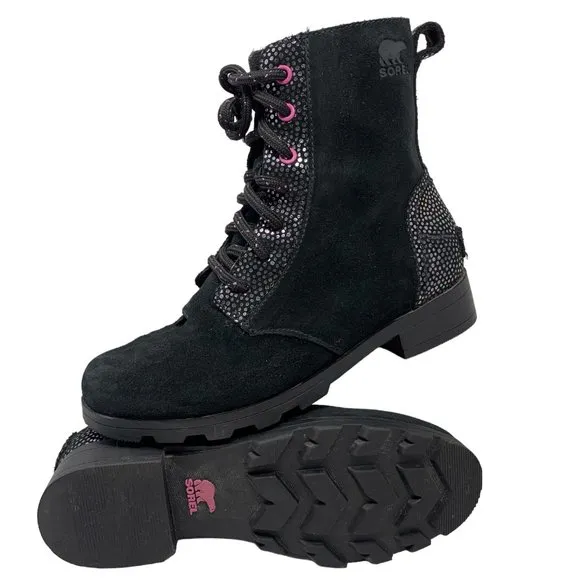 Sorel Emelie Waterproof‎ Black Suede with Lavender Accents Combat Boots