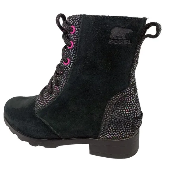Sorel Emelie Waterproof‎ Black Suede with Lavender Accents Combat Boots