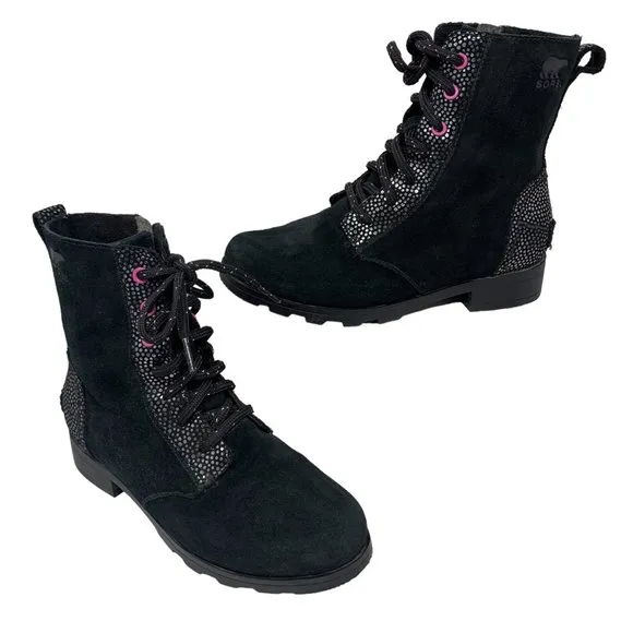 Sorel Emelie Waterproof‎ Black Suede with Lavender Accents Combat Boots