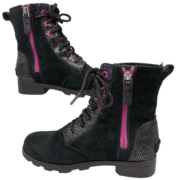 Sorel Emelie Waterproof‎ Black Suede with Lavender Accents Combat Boots