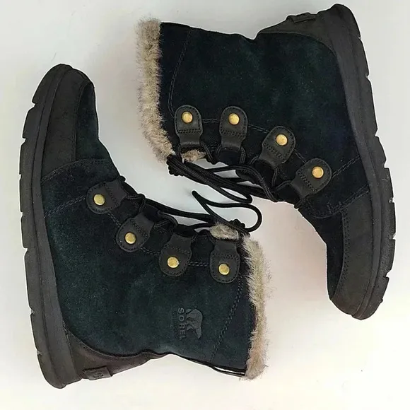 Sorel Explorer Joan Faux Fur Trim Boot Black Suede Size 10