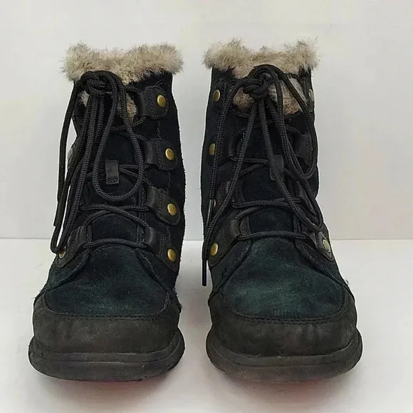 Sorel Explorer Joan Faux Fur Trim Boot Black Suede Size 10