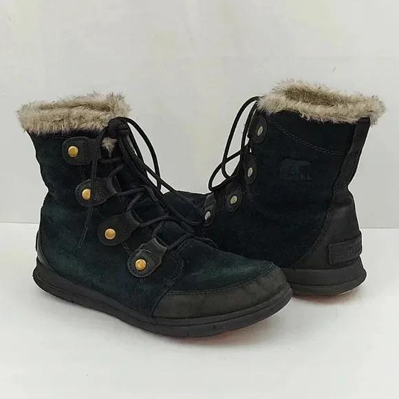 Sorel Explorer Joan Faux Fur Trim Boot Black Suede Size 10