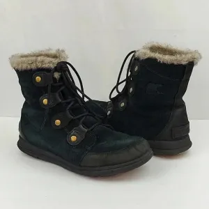 Sorel Explorer Joan Faux Fur Trim Boot Black Suede Size 10