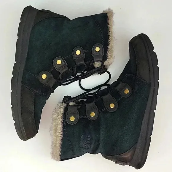 Sorel Explorer Joan Faux Fur Trim Boot Black Suede Size 10