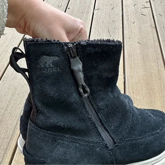 Sorel Explorer Side Zip Suede Black Boots Waterproof Faux Fur Lined Size 7 Women
