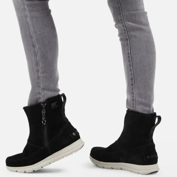 Sorel Explorer Side Zip Suede Black Boots Waterproof Faux Fur Lined Size 7 Women