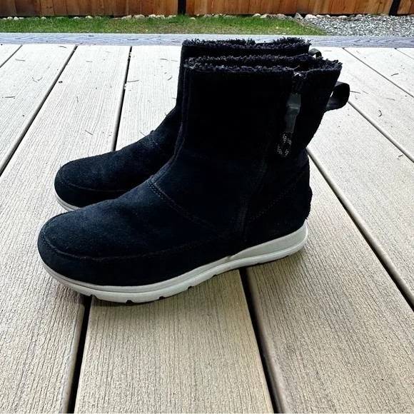 Sorel Explorer Side Zip Suede Black Boots Waterproof Faux Fur Lined Size 7 Women
