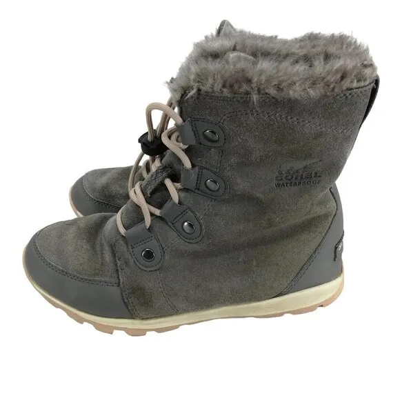 Sorel Gray Winter Snow Boots Faux Fur Size 6 Explorer Joan Leather Suede Quarry