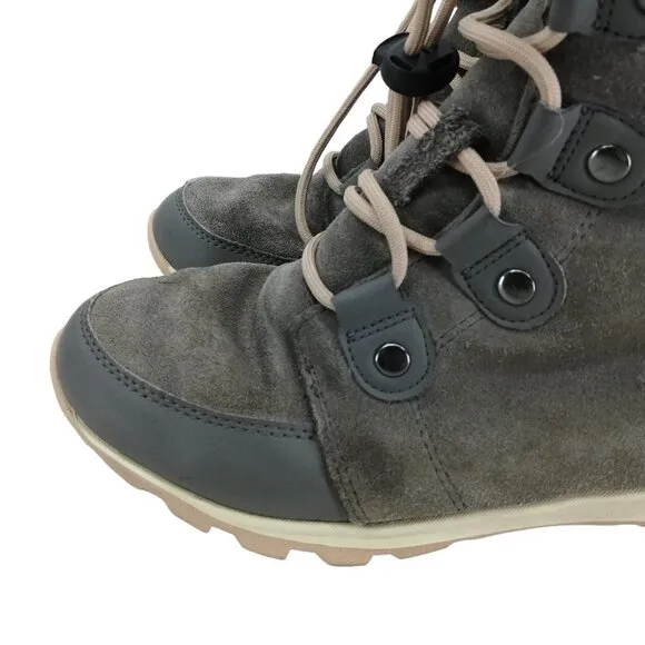 Sorel Gray Winter Snow Boots Faux Fur Size 6 Explorer Joan Leather Suede Quarry