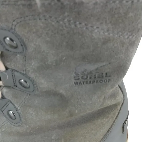 Sorel Gray Winter Snow Boots Faux Fur Size 6 Explorer Joan Leather Suede Quarry