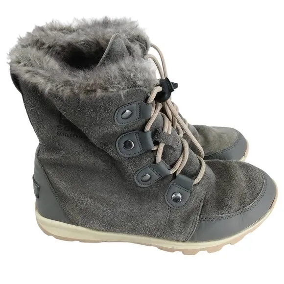 Sorel Gray Winter Snow Boots Faux Fur Size 6 Explorer Joan Leather Suede Quarry