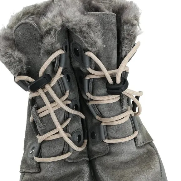 Sorel Gray Winter Snow Boots Faux Fur Size 6 Explorer Joan Leather Suede Quarry