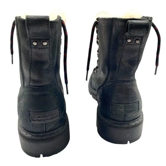Sorel Lennox Black Leather &amp; Sherpa Shearling Winter Boots Size 8.5