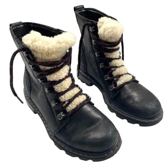 Sorel Lennox Black Leather &amp; Sherpa Shearling Winter Boots Size 8.5