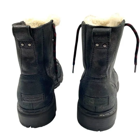 Sorel Lennox Black Leather &amp; Sherpa Shearling Winter Boots Size 8.5