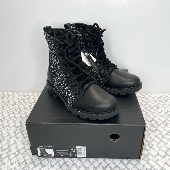 SOREL Lennox Genuine Shearling Waterproof Lace-Up Boot, Black/White, size 7.5