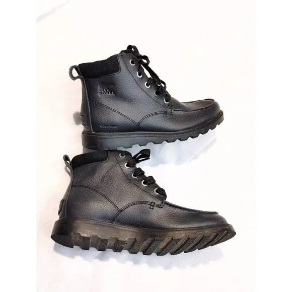 Sorel Madson Moc Toe Waterproof Boots Lace-Up Leather Black Youth Kids US 3 UK 2