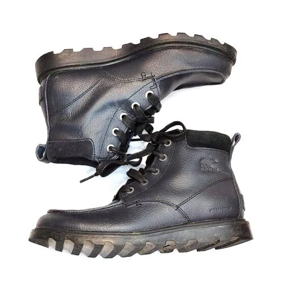 Sorel Madson Moc Toe Waterproof Boots Lace-Up Leather Black Youth Kids US 3 UK 2