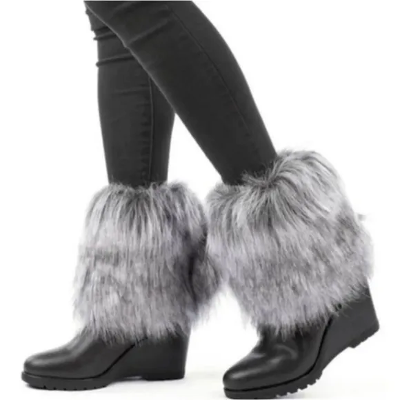 Sorel Park City Short Fold Over Faux Fur Wedge Boots Black Women’s Size 7 NWOB