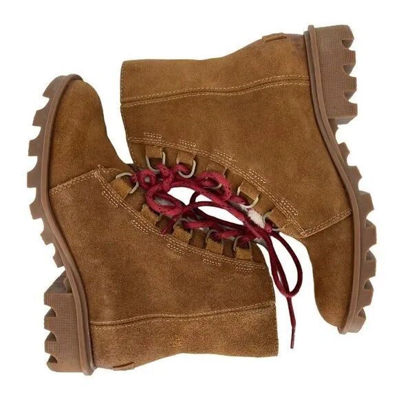 Sorel Phoenix Short Cozy Brown Suede Shearling Combat Boots Women Size 6