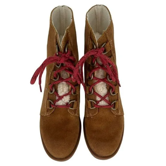 Sorel Phoenix Short Cozy Brown Suede Shearling Combat Boots Women Size 6