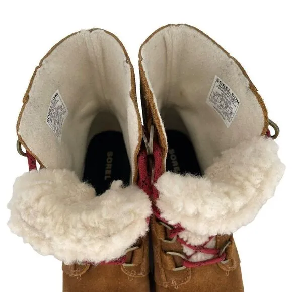 Sorel Phoenix Short Cozy Brown Suede Shearling Combat Boots Women Size 6