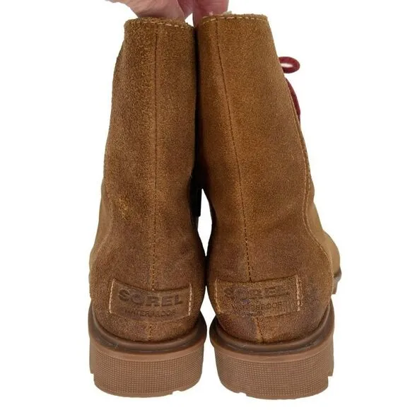 Sorel Phoenix Short Cozy Brown Suede Shearling Combat Boots Women Size 6