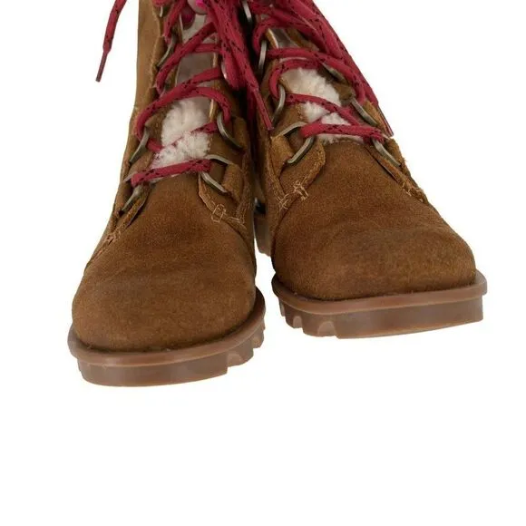 Sorel Phoenix Short Cozy Brown Suede Shearling Combat Boots Women Size 6