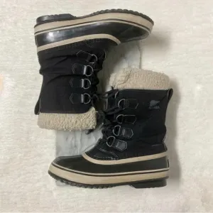 Sorel Size 7 Carnival Winter Boots Lace Up Black White Faux Fur