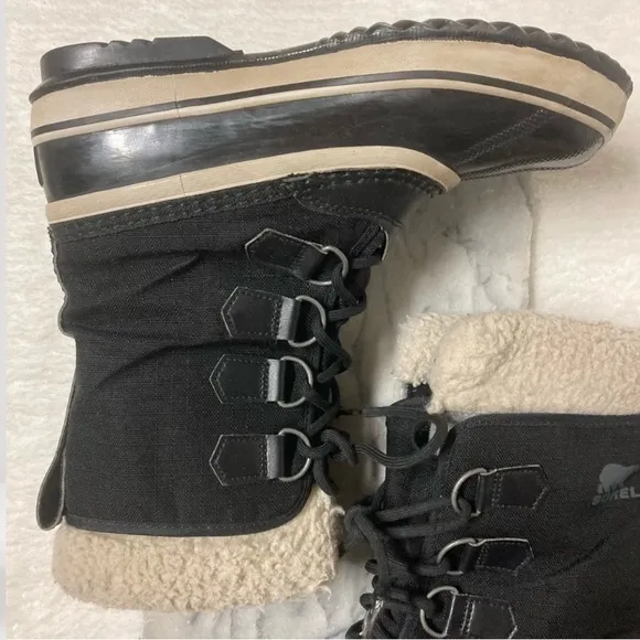 Sorel Size 7 Carnival Winter Boots Lace Up Black White Faux Fur