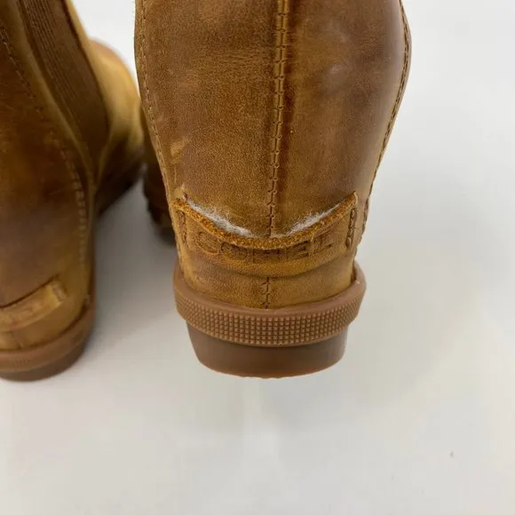 Sorel Tan Leather Wedge Ankle Booties | High Heel, Size 7.5