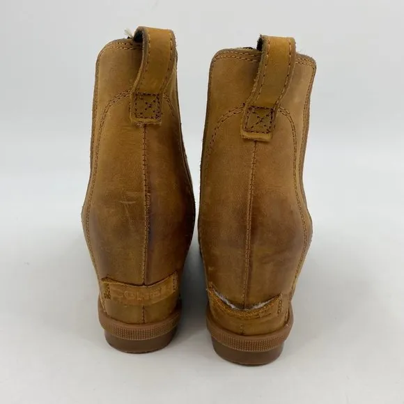 Sorel Tan Leather Wedge Ankle Booties | High Heel, Size 7.5