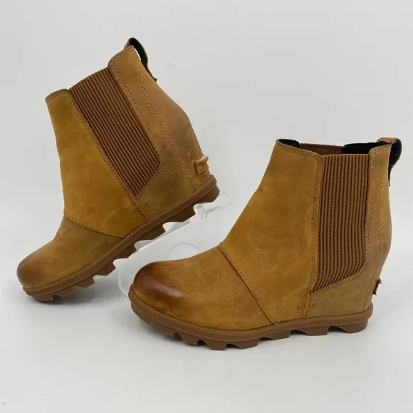 Sorel Tan Leather Wedge Ankle Booties | High Heel, Size 7.5