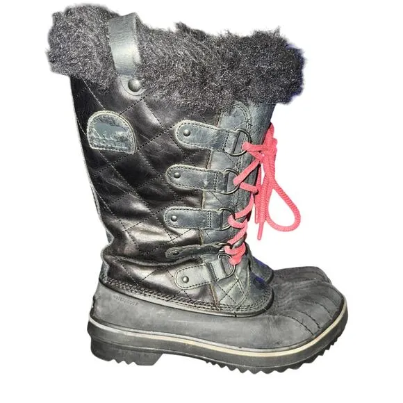 Sorel Tofino Winter Boots Women's Size 7.5 Black Leather Faux Fur Trim WP